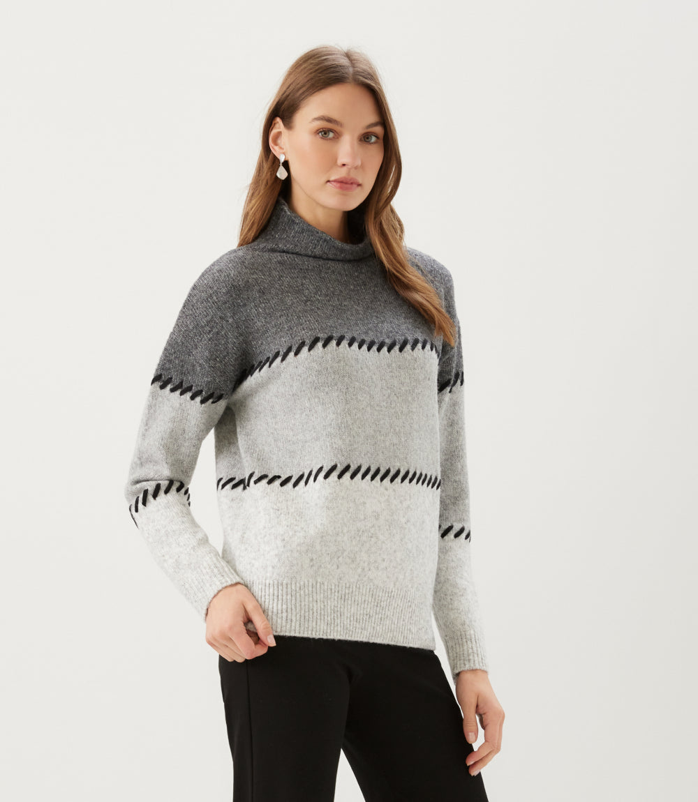 Contrast Stitch Mock Neck Colorblock Sweater