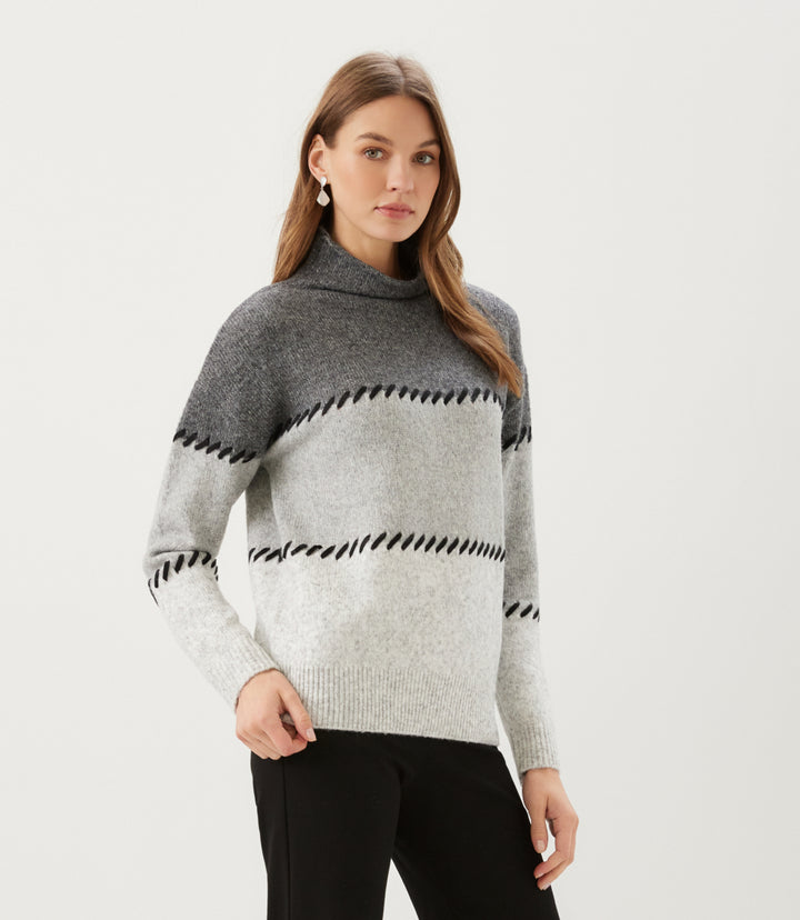 Contrast Stitch Mock Neck Colorblock Sweater