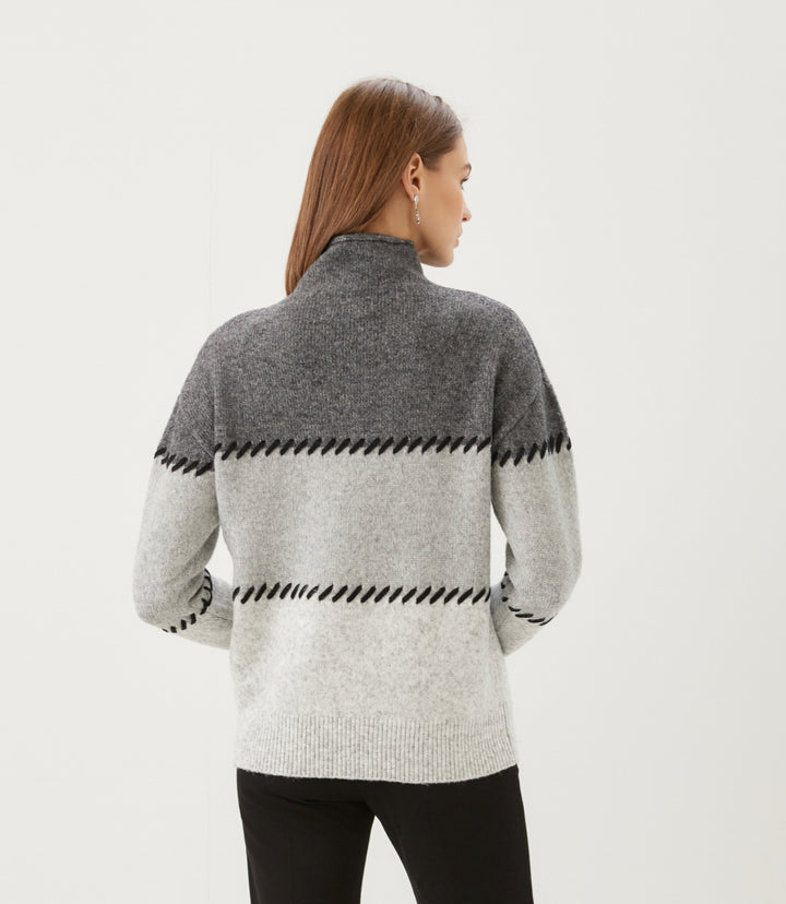 Contrast Stitch Mock Neck Colorblock Sweater