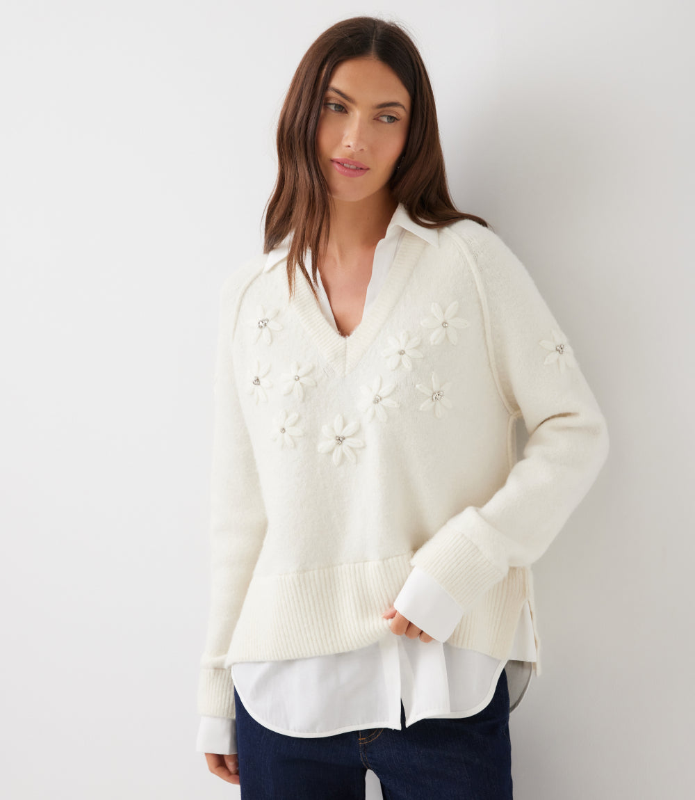 Petite Size Rhinestone Embroidered Flower Layered Sweater