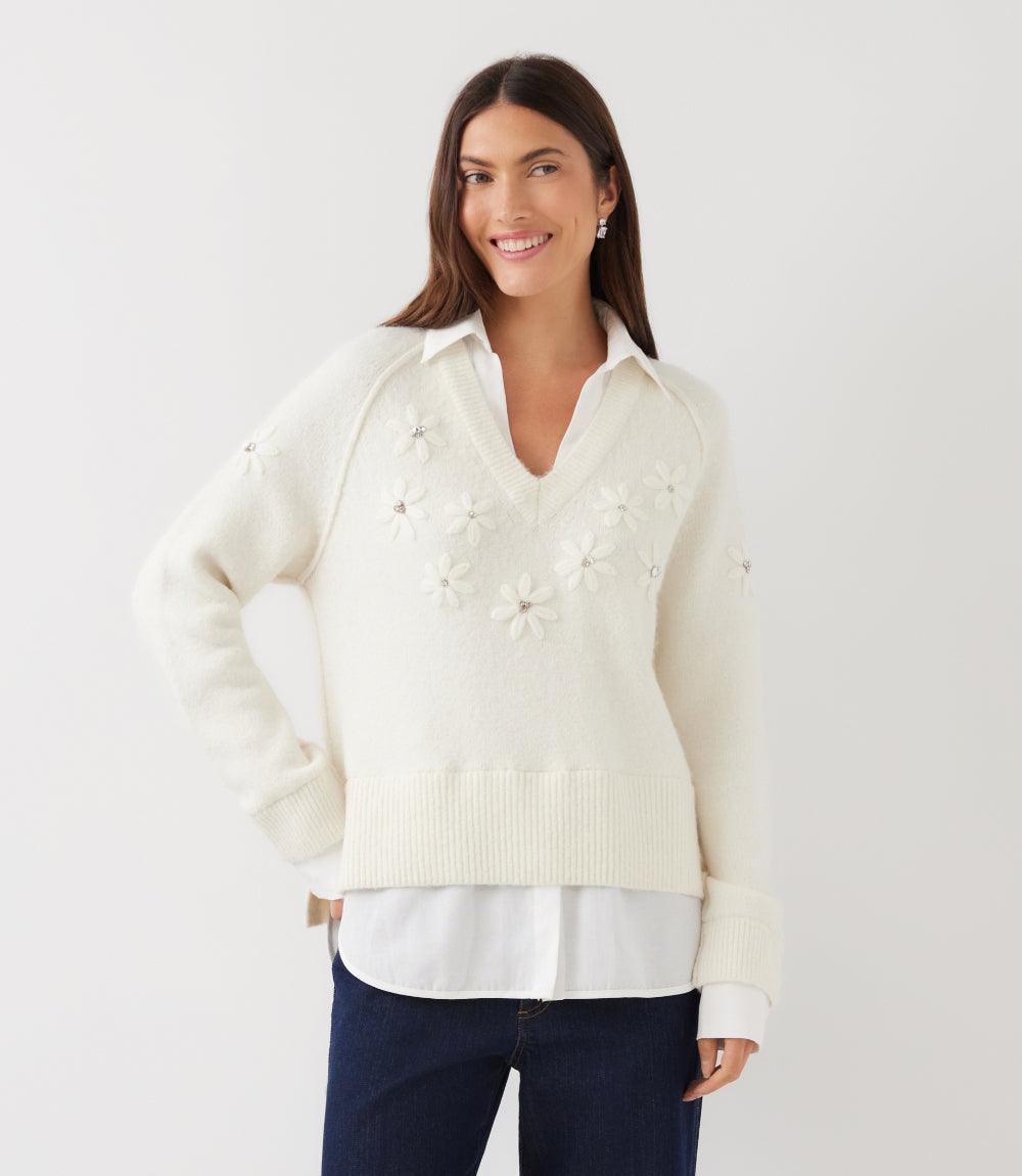 Petite Size Rhinestone Embroidered Flower Layered Sweater