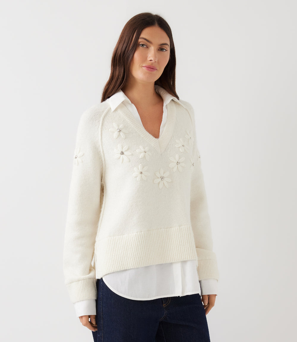 Petite Size Rhinestone Embroidered Flower Layered Sweater