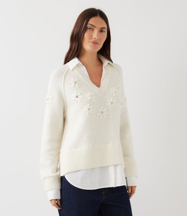 Petite Size Rhinestone Embroidered Flower Layered Sweater