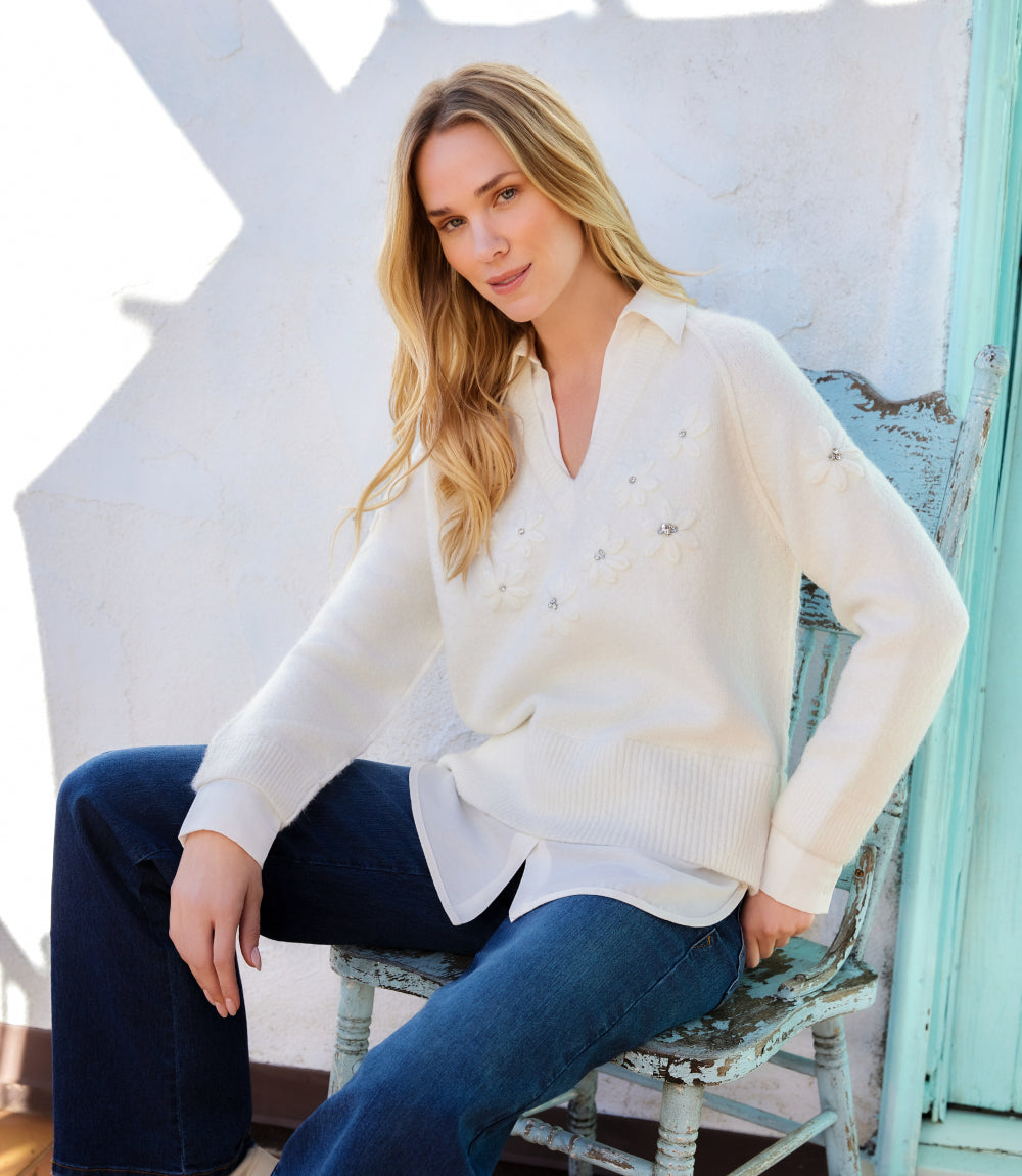 Rhinestone Embroidered Flower Layered Sweater