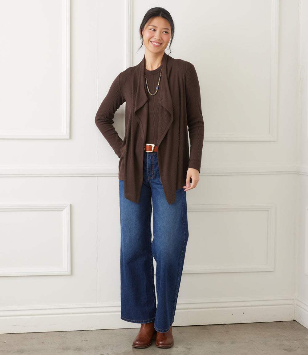 Long Sleeve Ribbed Drape Front Cardigan