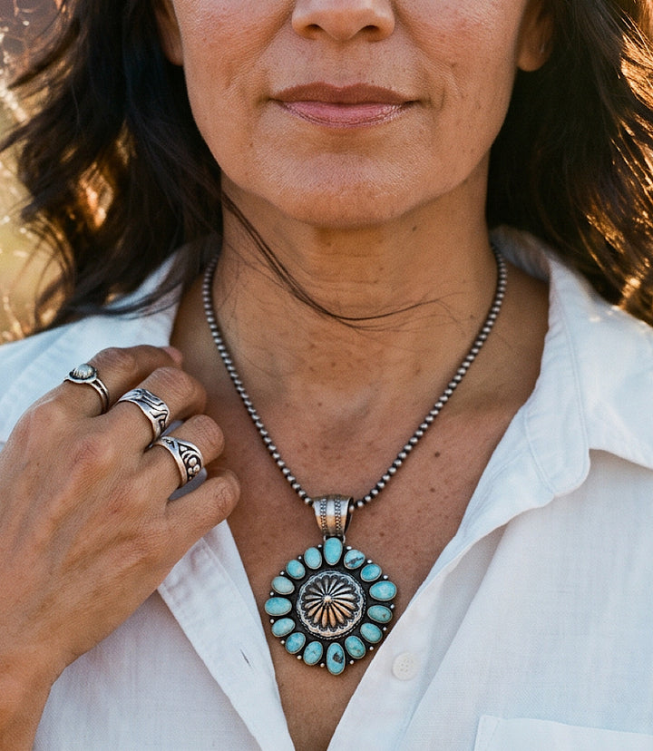 Sterling Silver Embellished Disc Turquoise Necklace