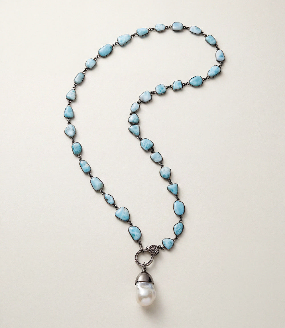 Larimar Bezeled Necklace With Pearl Pendant