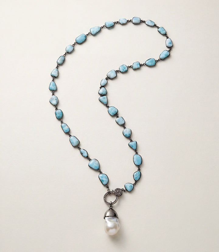 Larimar Bezeled Necklace With Pearl Pendant