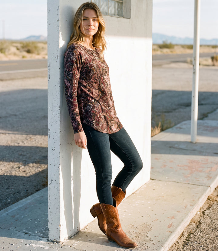 Long Sleeve Velvet Burnout Shirttail Top