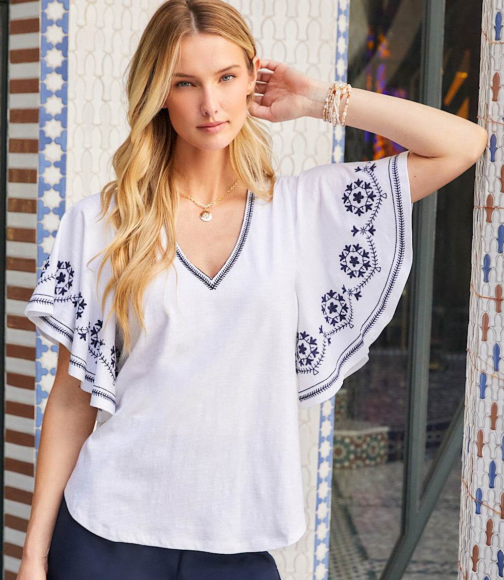 Embroidered Flutter Sleeve Top