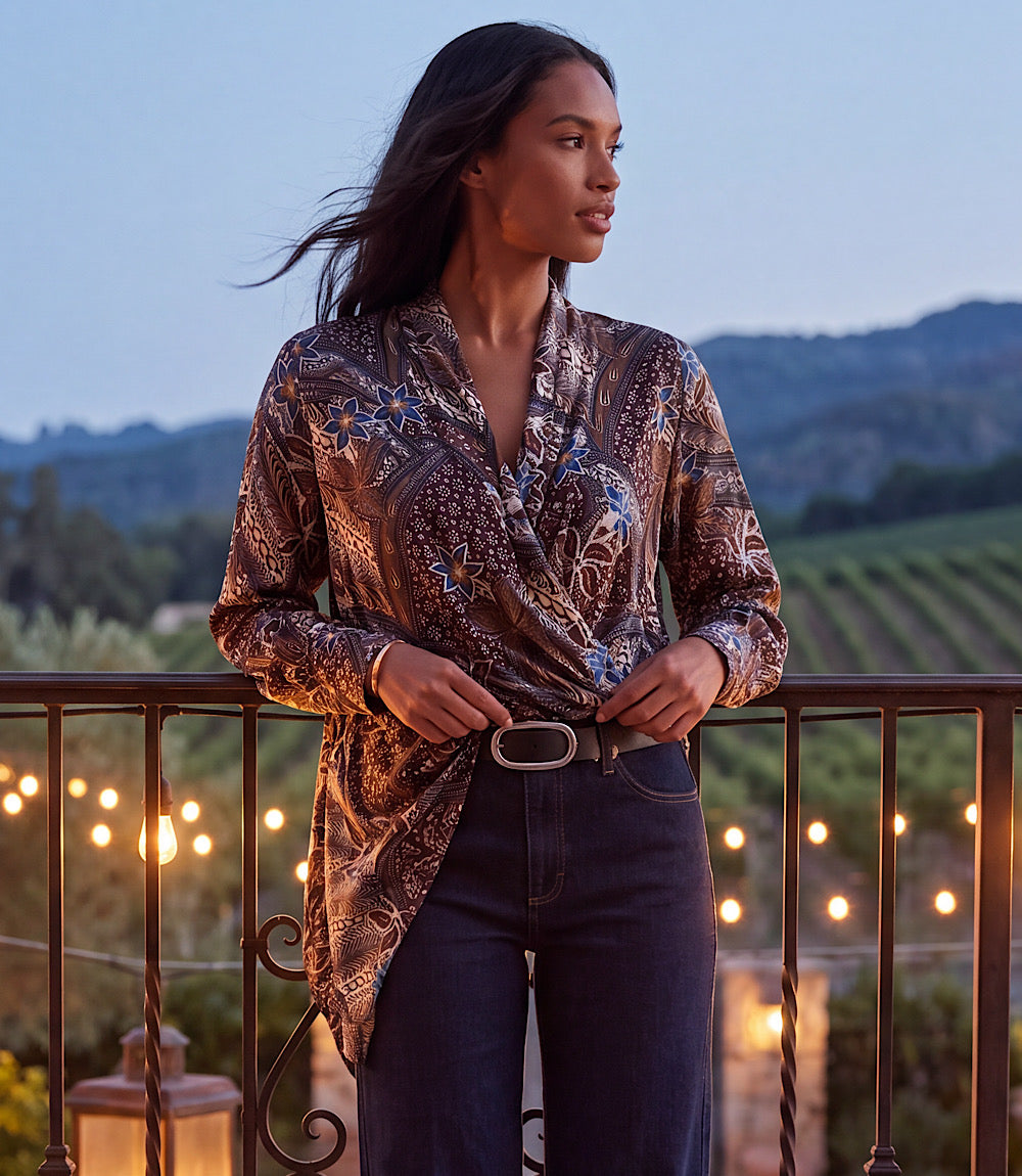 Long Sleeve Contrast Double Layer Wrap Top
