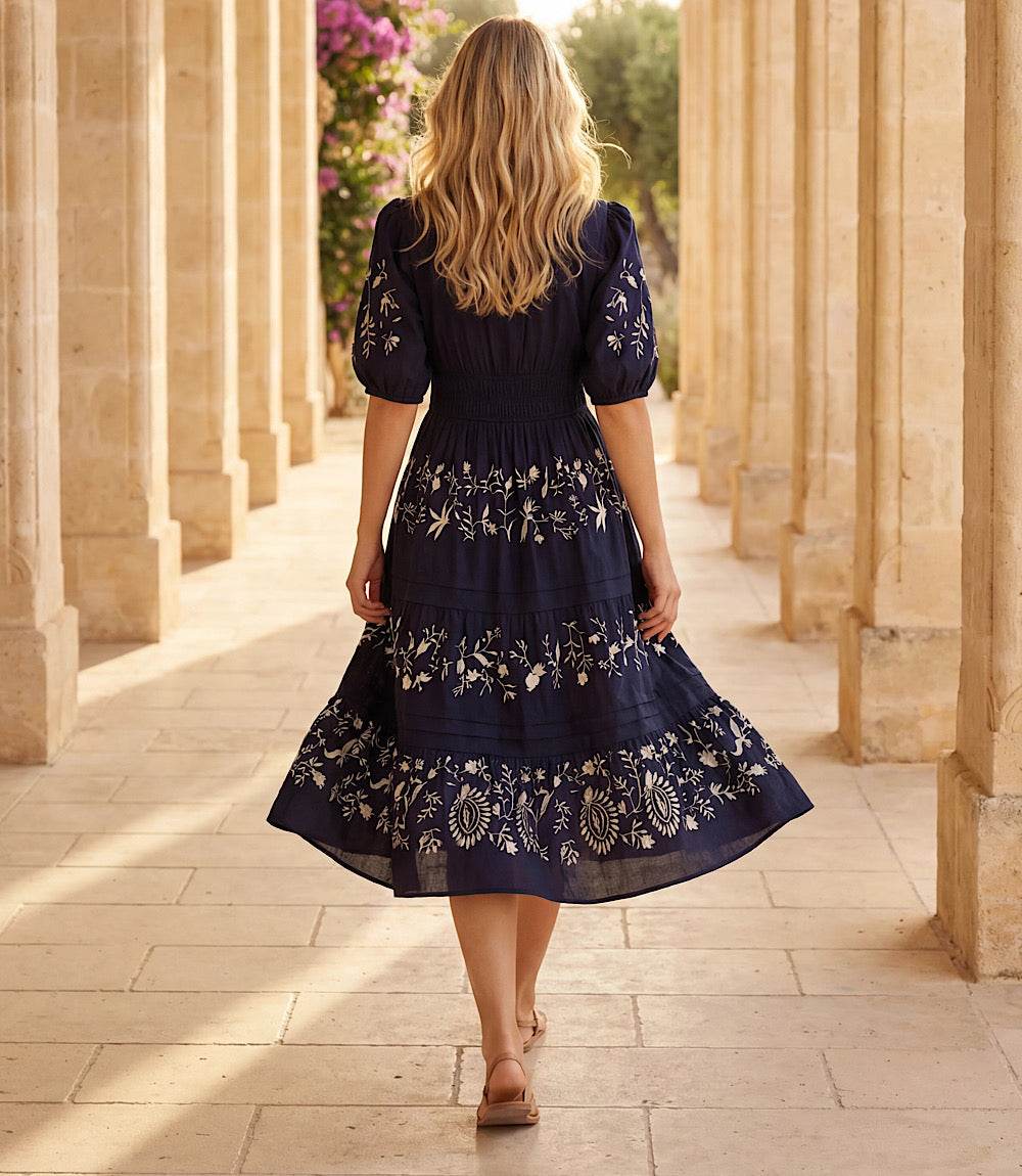 navy blue dress with puff sleeves Navy Satin Long Gown With Puff Sleeves