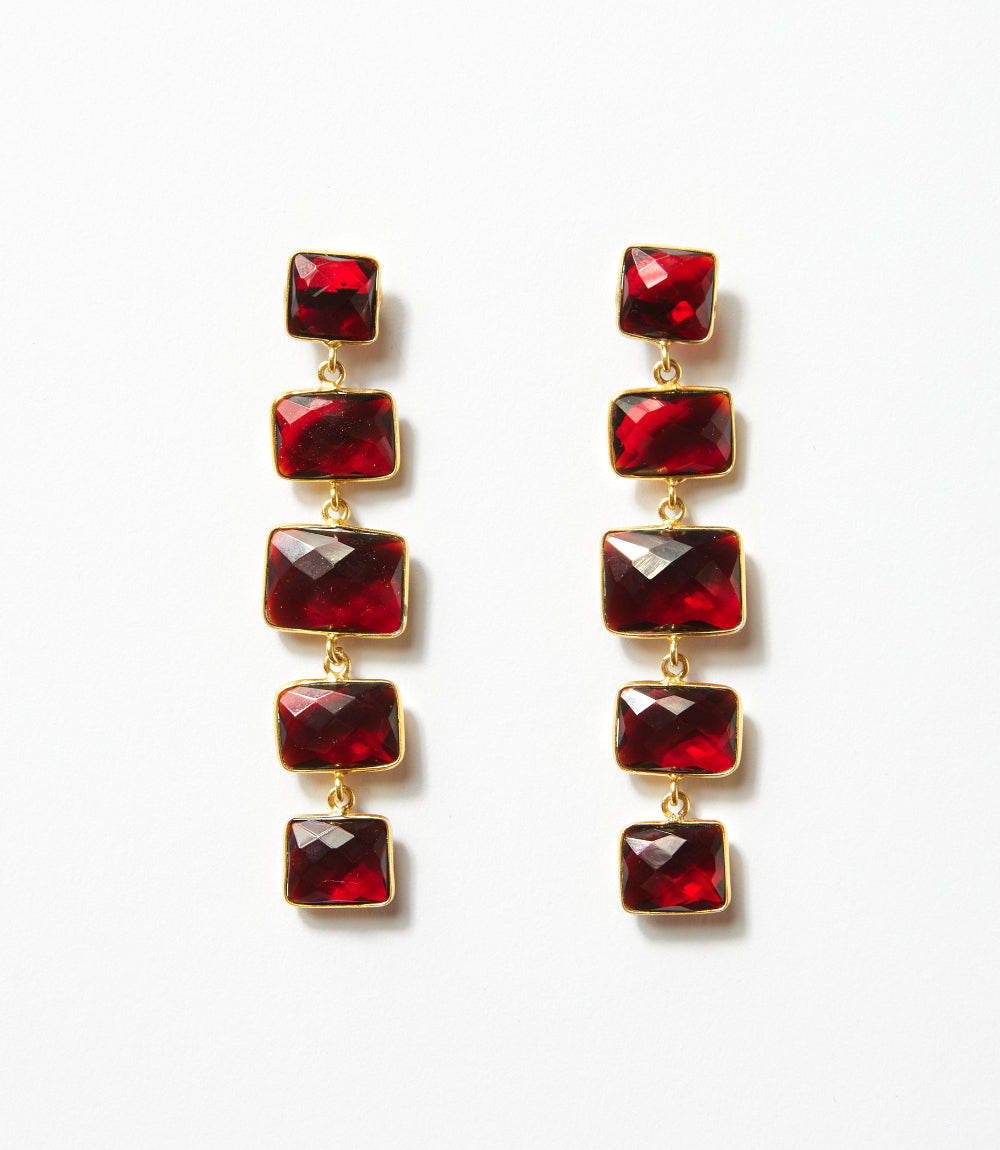 Five Drop Gemstone Earrings with five faceted burgundy synthetic garnet stones set in gold-plated brass linear design