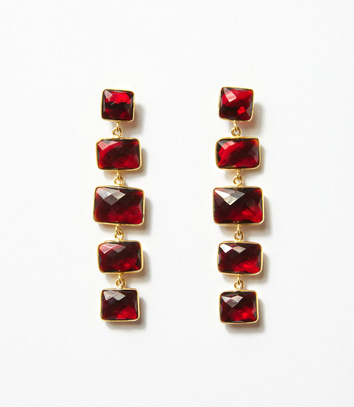 Five Drop Gemstone Earrings with five faceted burgundy synthetic garnet stones set in gold-plated brass linear design