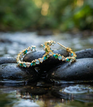 Multi gemstone hoop earrings with opal and cubic zirconia stones in 14K gold-plated brass