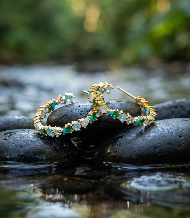 Multi gemstone hoop earrings with opal and cubic zirconia stones in 14K gold-plated brass