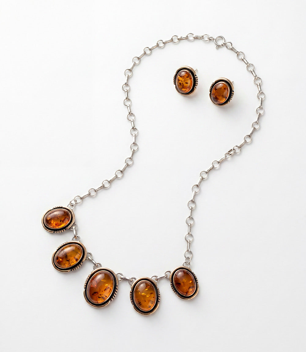 Vintage Amber Station Necklace And Earring Set