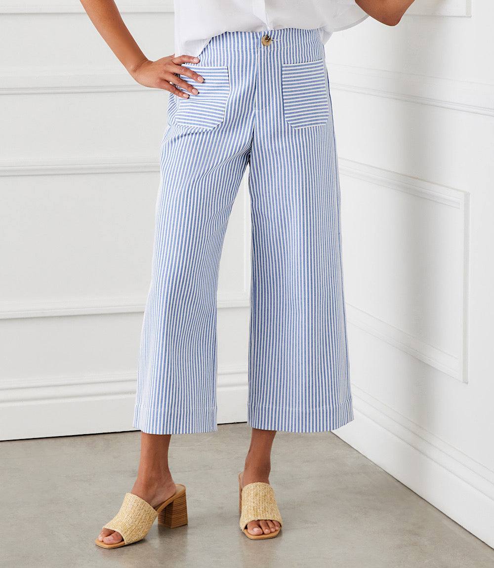 Blue and cream stripe cropped wide-leg pants with front pockets and button closure