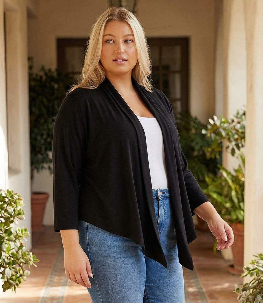Plus Size Calli Cardigan draped front with 3/4 sleeves and hi-low hemline in rayon spandex jersey
