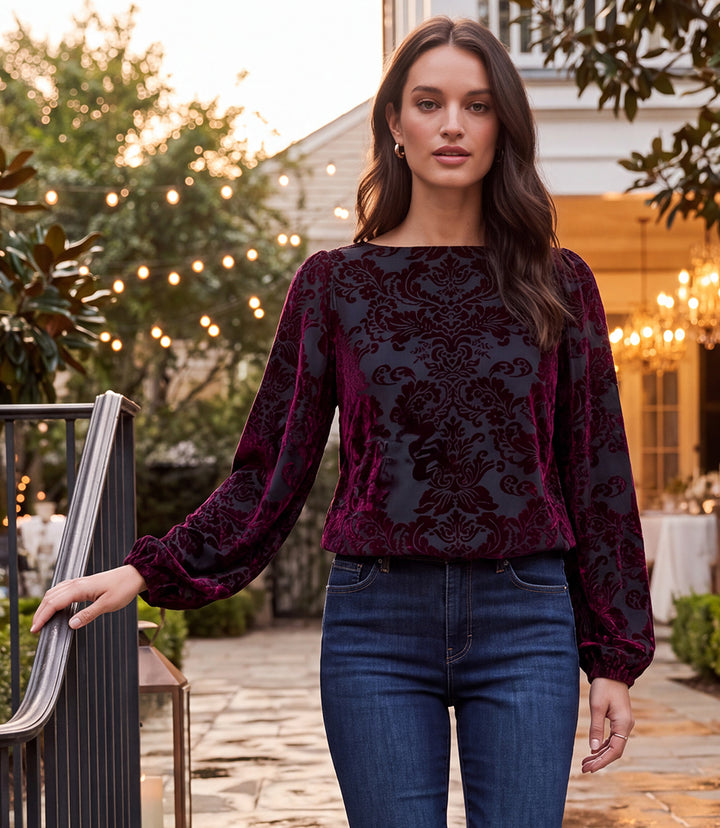 Blouson Sleeve Velvet Burnout Boatneck Top