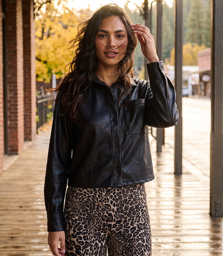 Faux Leather Long Sleeve Button-Up Shirt