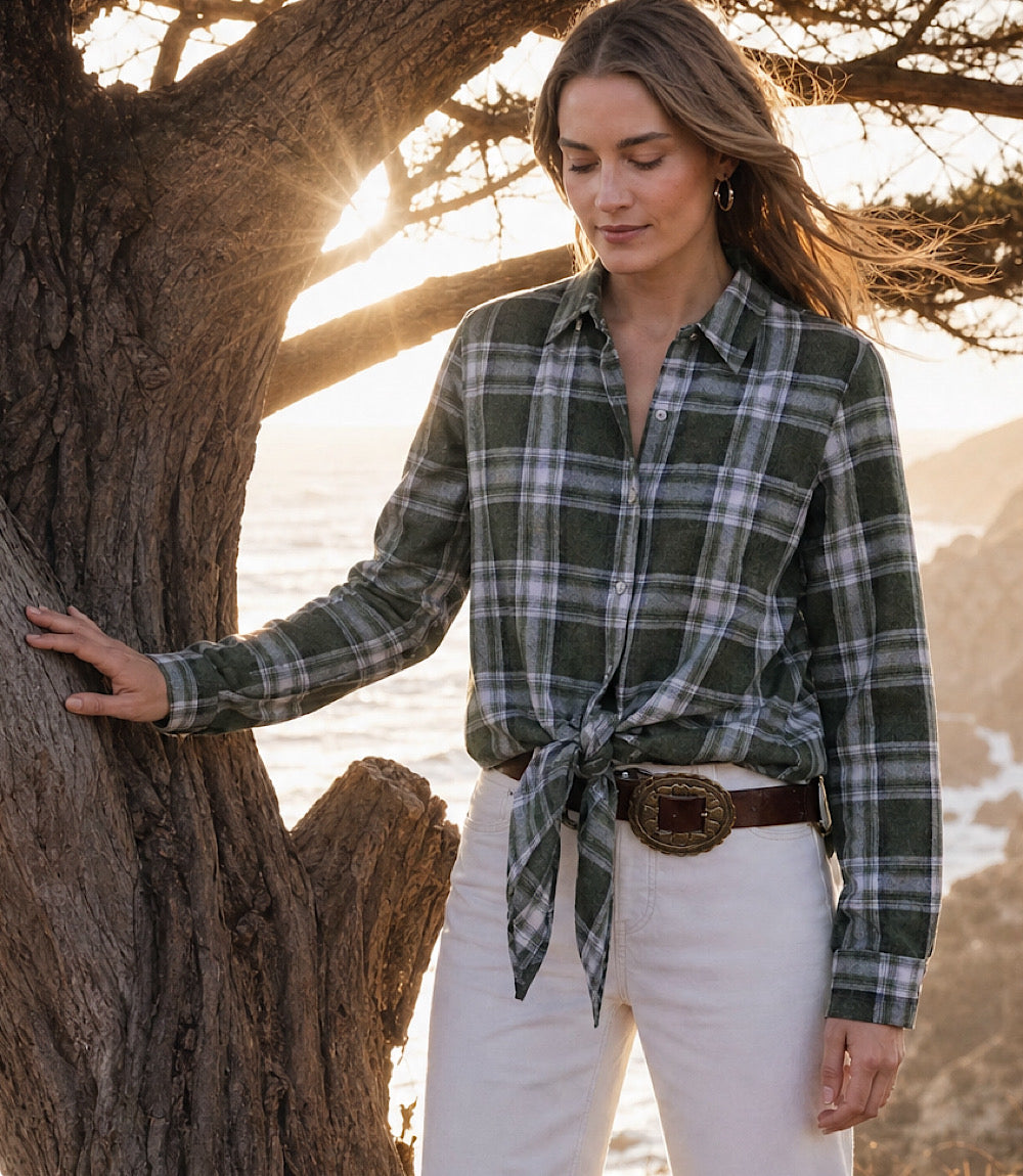 Long Sleeve Plaid Tie-Front Shirt