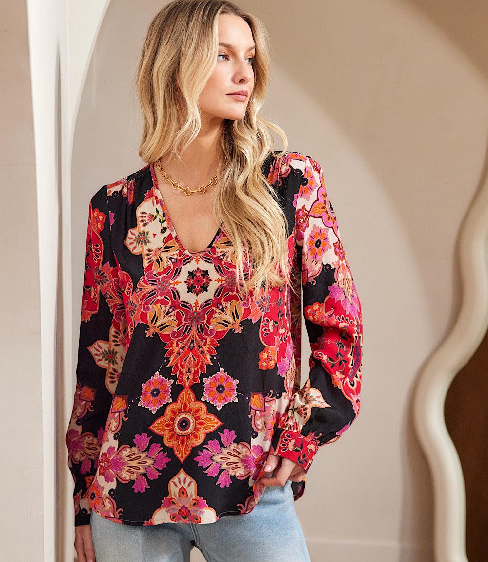 Long Sleeve Shirred Blouse