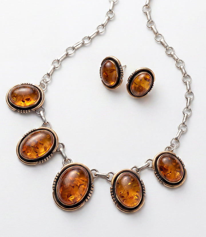 Vintage Amber Station Necklace And Earring Set