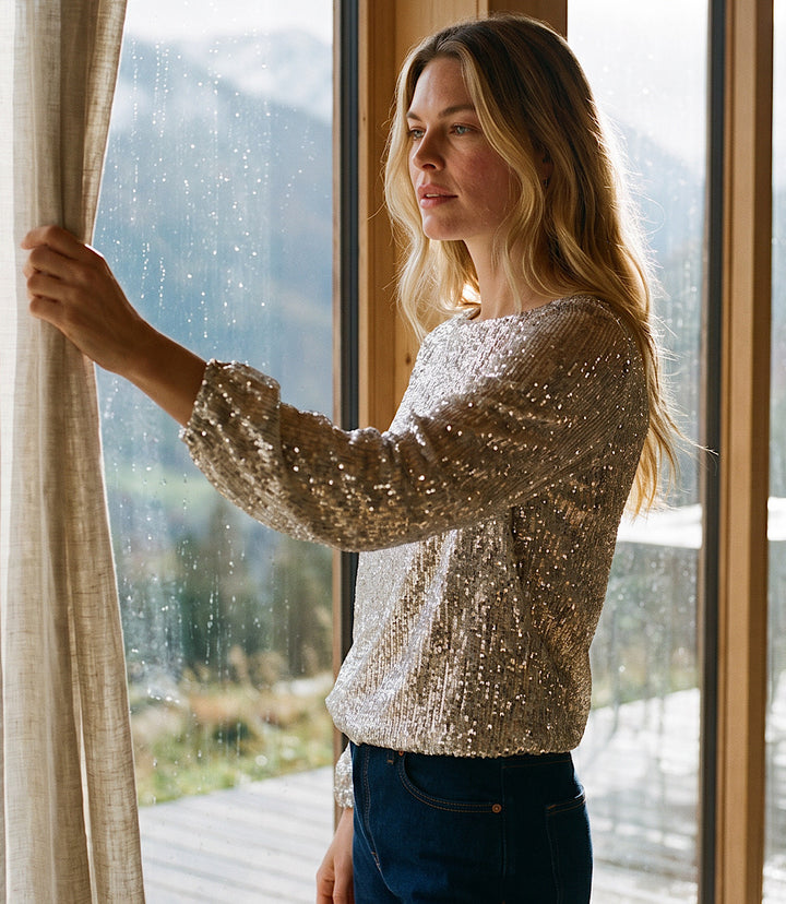 Sequin Blouson Sleeve Boatneck Top