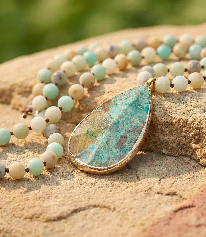 Long Beaded Amazonite Pendant Necklace