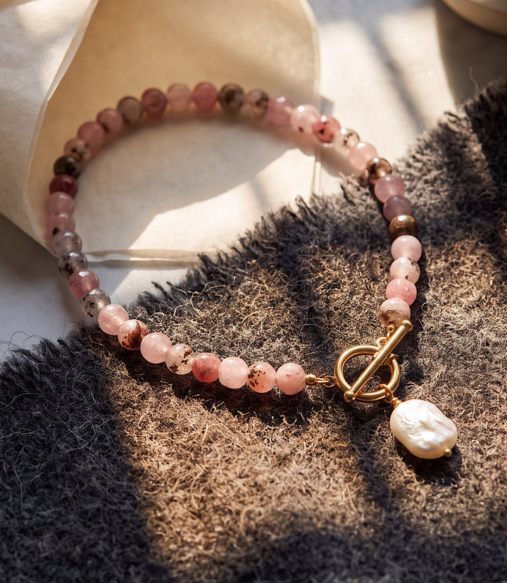 Beaded Pink Jade And Pearl Necklace