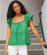 Embroidered ruffle sleeve blouse with floral embroidery and square neck in soft cotton fabric