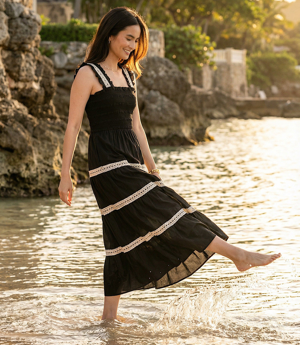 Karen Kane Sleeveless Tiered Midi Dress - Black/Natural