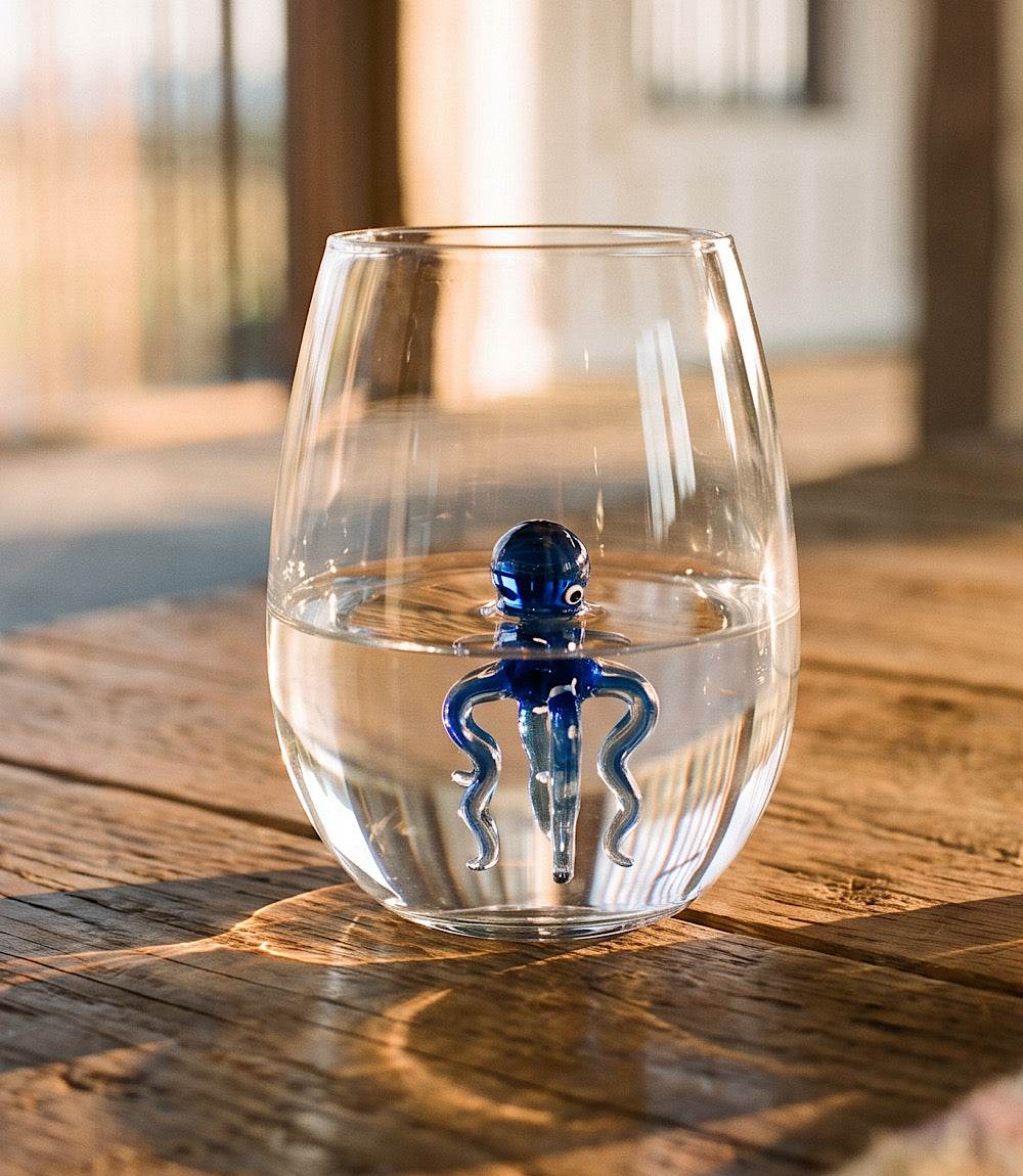 Octopus Stemless Wine Glass with detailed octopus design, hand blown glass, 20 oz capacity