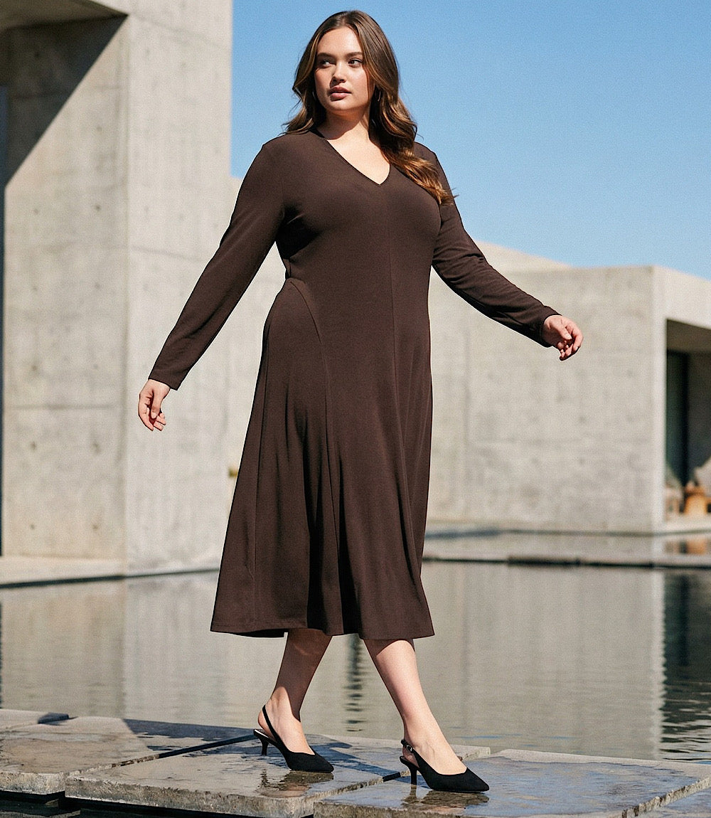 Plus Size Kate V-neck midi travel jersey dress with long sleeves and subtle flare