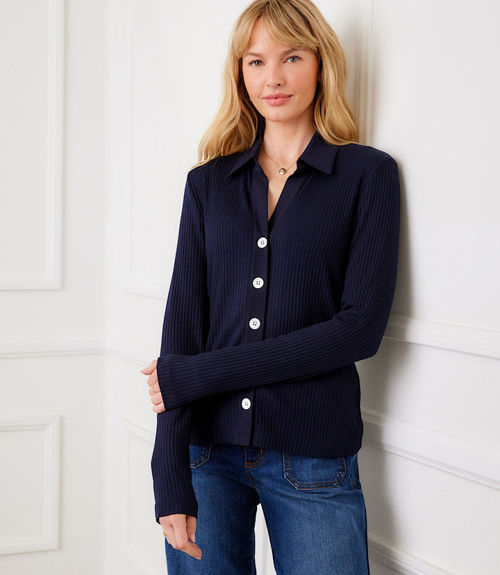 Ribbed Long Sleeve Button Front Top