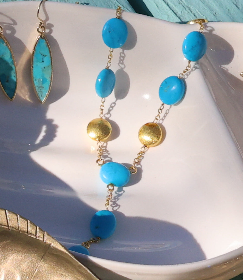 Beaded Turquoise And Gold Lariat Necklace