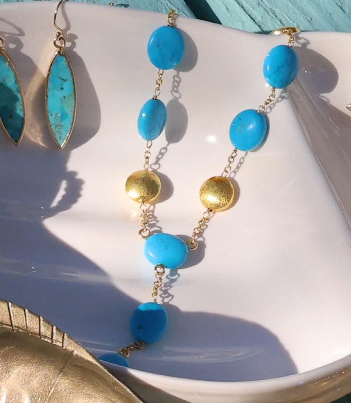 Beaded Turquoise And Gold Lariat Necklace