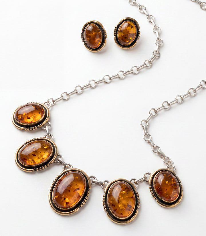 Vintage Amber Station Necklace And Earring Set