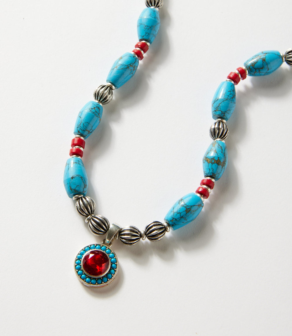 Turquoise And Red Coral Pendant Necklace