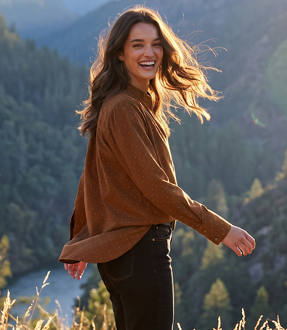 Petite Size Faux Suede Embellished Half-Placket Shirt