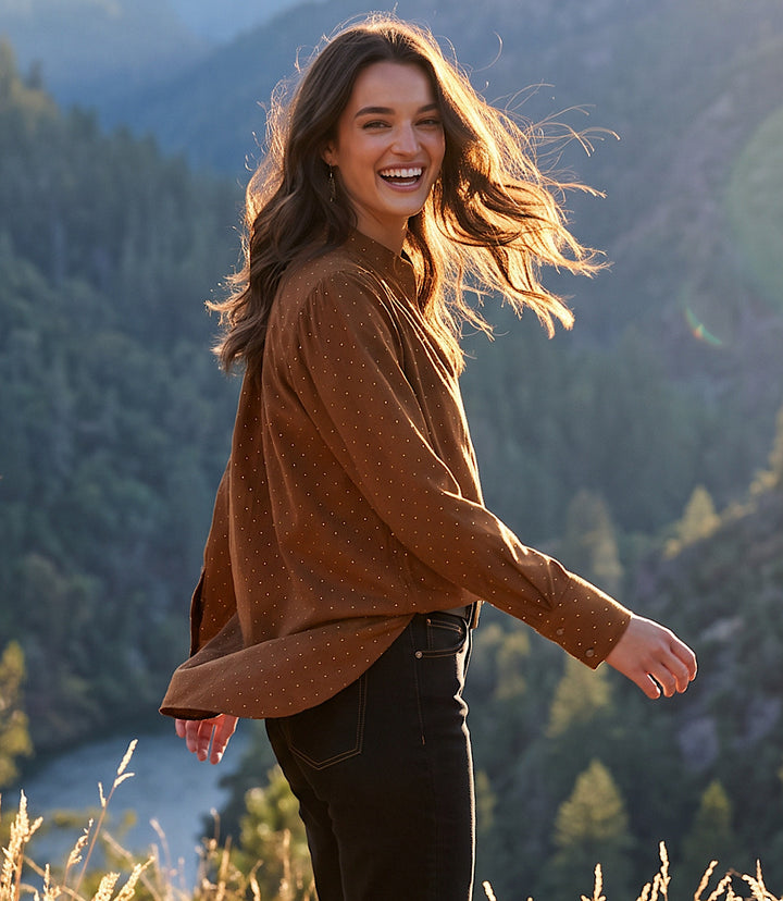 Petite Size Faux Suede Embellished Half-Placket Shirt