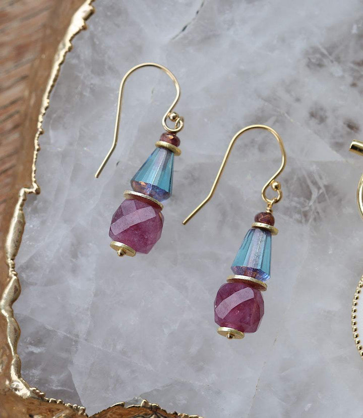 Ruby And Blue Glass Earrings