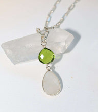 Moonstone and peridot pendant necklace with luminous moonstone drop and green peridot on silver-plated brass chain