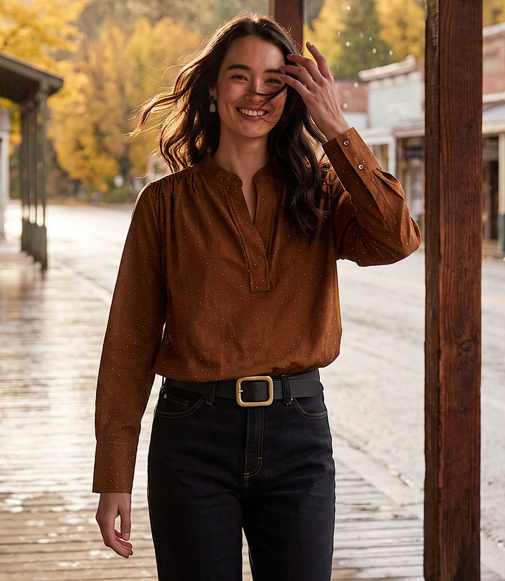 Petite Size Faux Suede Embellished Half-Placket Shirt