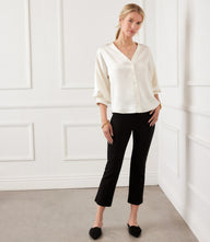 Petite Size Lantern Sleeve Crystal Rhinestone Button Satin Top
