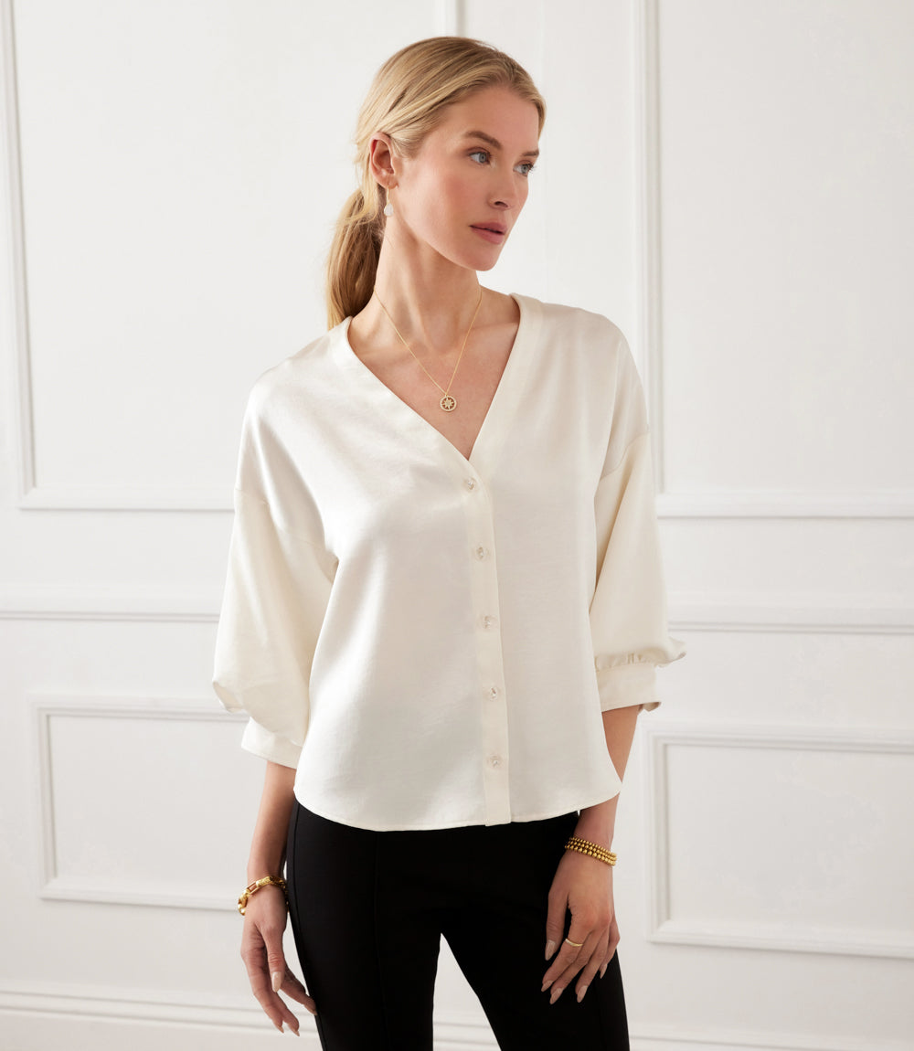 Petite Size Lantern Sleeve Crystal Rhinestone Button Satin Top