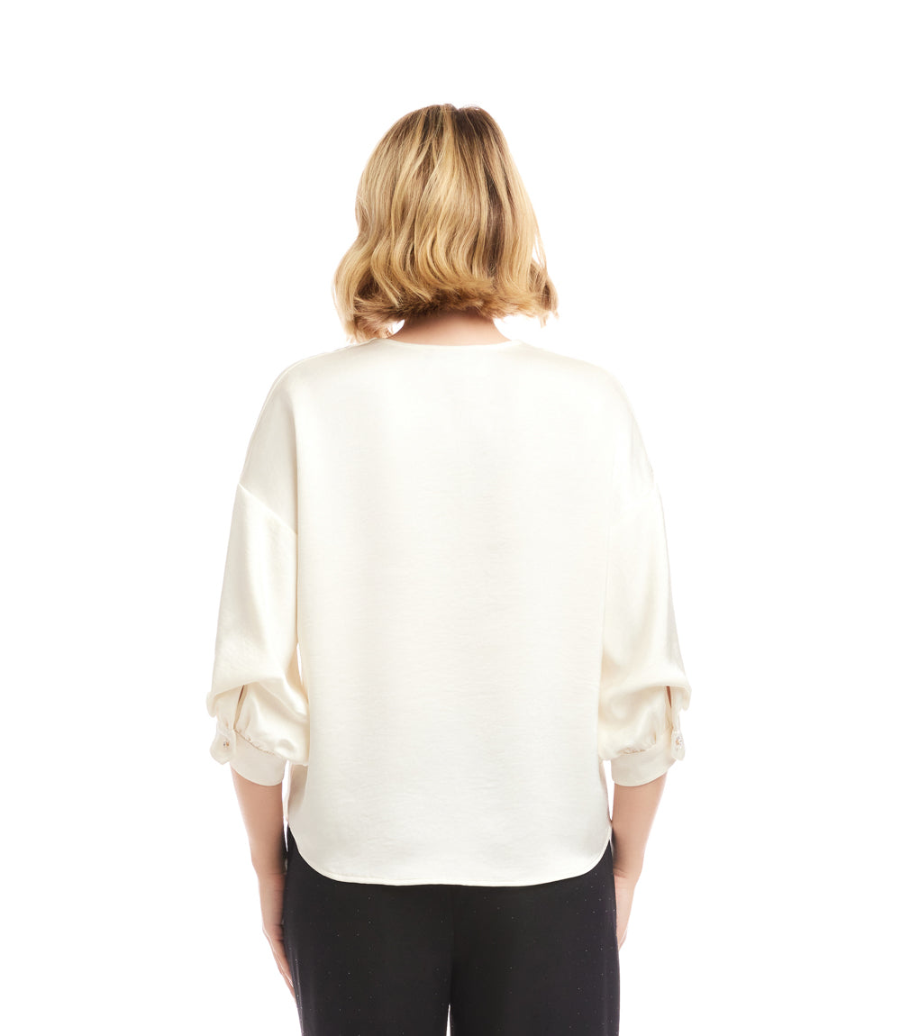 Petite Size Lantern Sleeve Crystal Rhinestone Button Satin Top