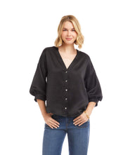Lantern sleeve crystal rhinestone button satin top with V-neck and 3/4 length sleeves