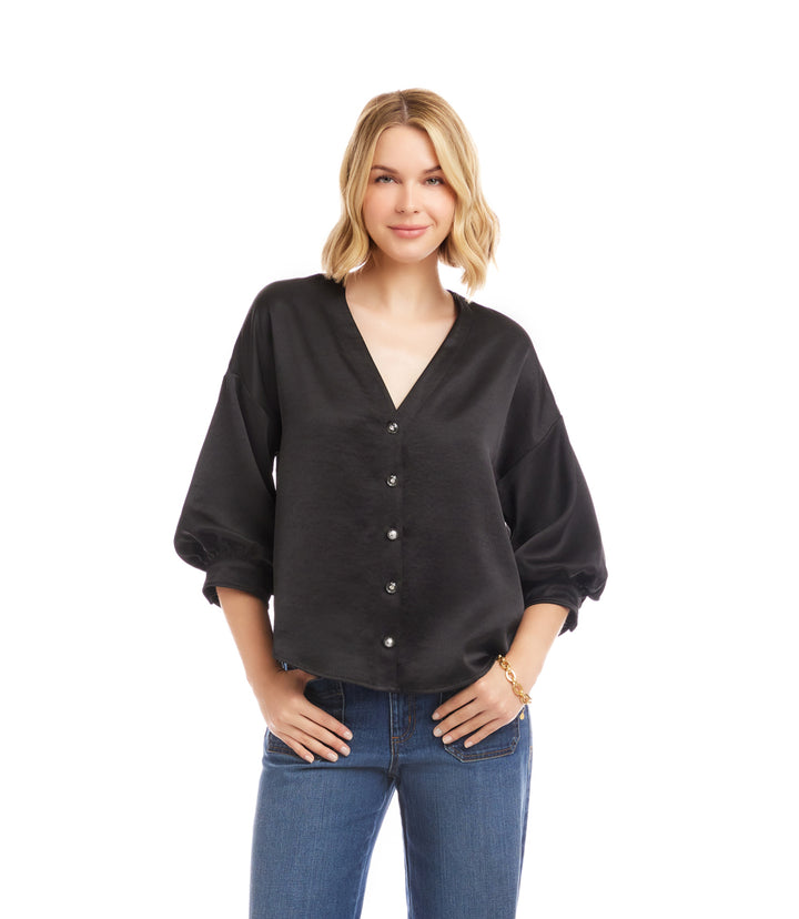 Lantern Sleeve Crystal Rhinestone Button Satin Top